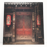 Black and white photo of a Japanese door on stretched canvas, ideal for kitchen wall art or bedroom ambiance.