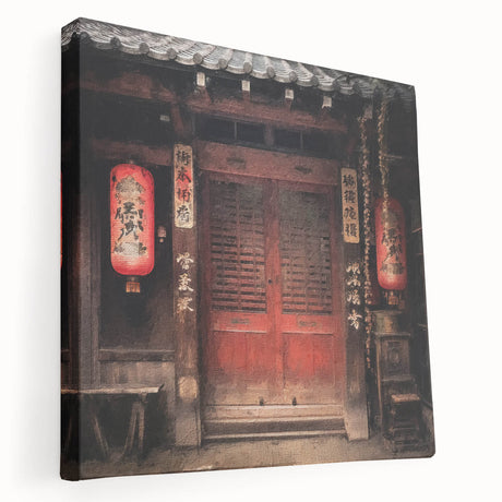 Japanese-style door depicted in muted brown and beige tones on a large stretched canvas, suitable for kitchen wall art.
