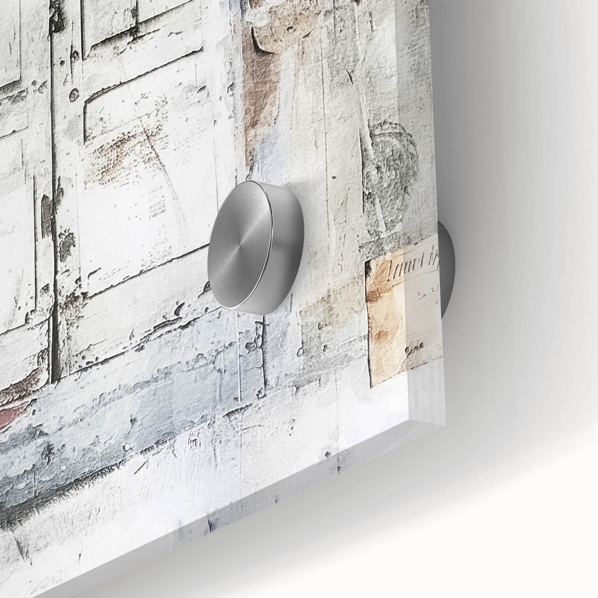 Close-up of a rustic Italian door depicted in large abstract acrylic print.
