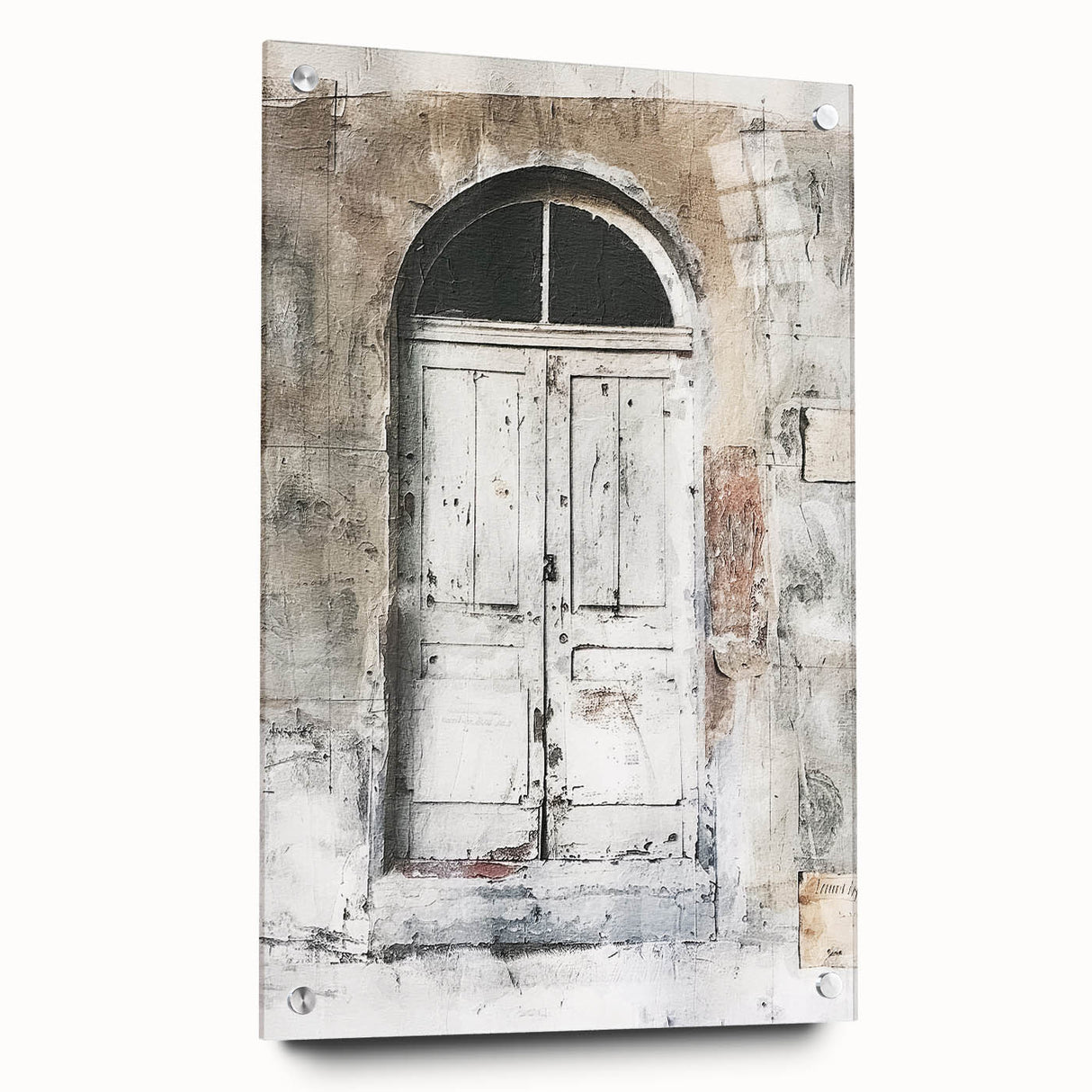 Acrylic print of a rustic Italian door in muted earth tones, suitable for dining room decor.
