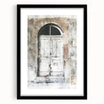 Abstract art print featuring a rustic Italian door in vibrant, textured colors on a large framed canvas.