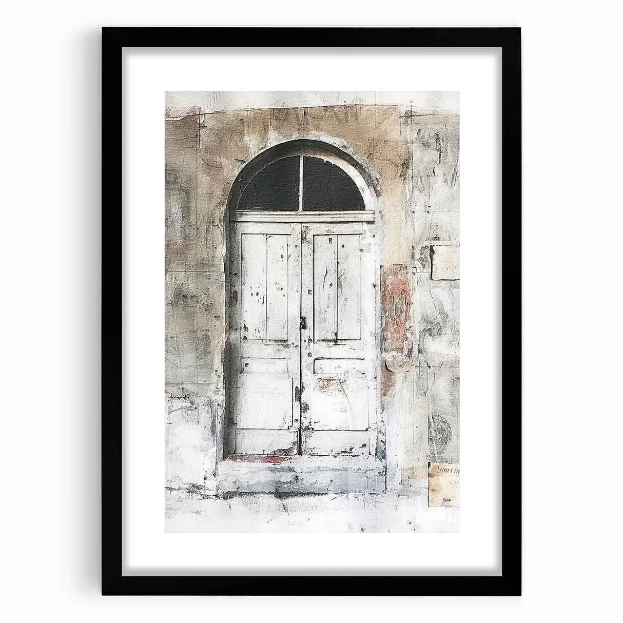 Abstract art print featuring a rustic Italian door in vibrant, textured colors on a large framed canvas.