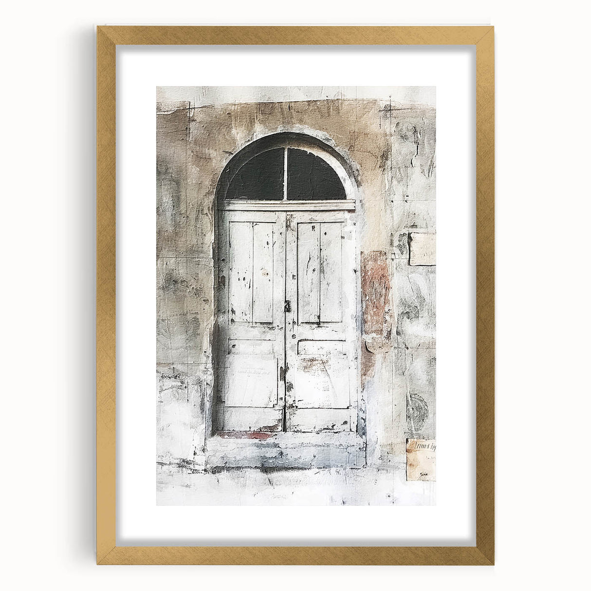Extra large abstract art print of a rustic Italian door in textured style, framed with a gold mat.
