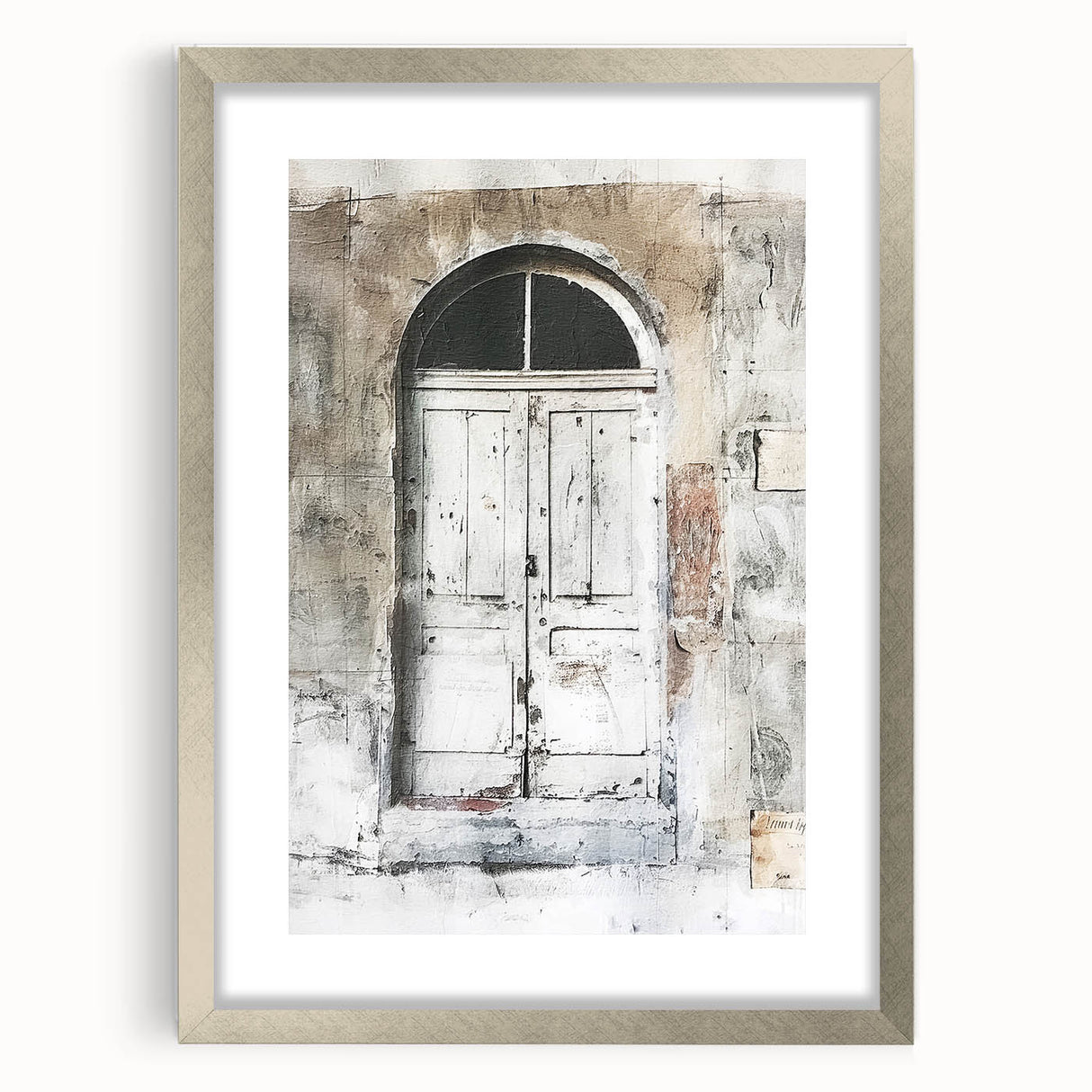 Textured abstract art print of a rustic Italian door, silver-framed with mat, suitable for bedroom decor.