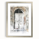 Textured abstract art print of a rustic Italian door, silver-framed with mat, suitable for bedroom decor.