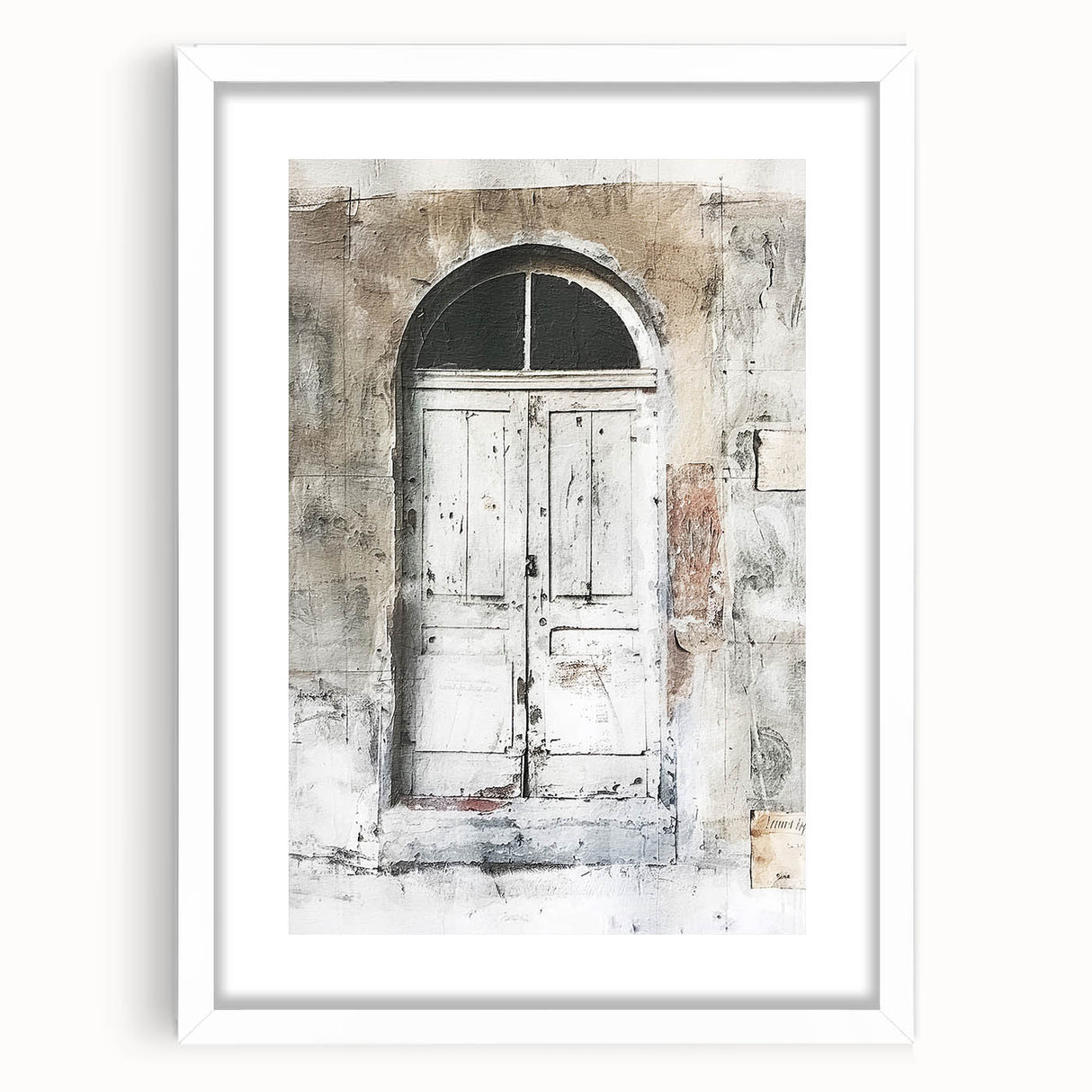 Rustic Italian door depicted in muted earth tones on a framed white mat, ideal for dining room decor.
