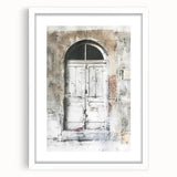 Rustic Italian door depicted in muted earth tones on a framed white mat, ideal for dining room decor.