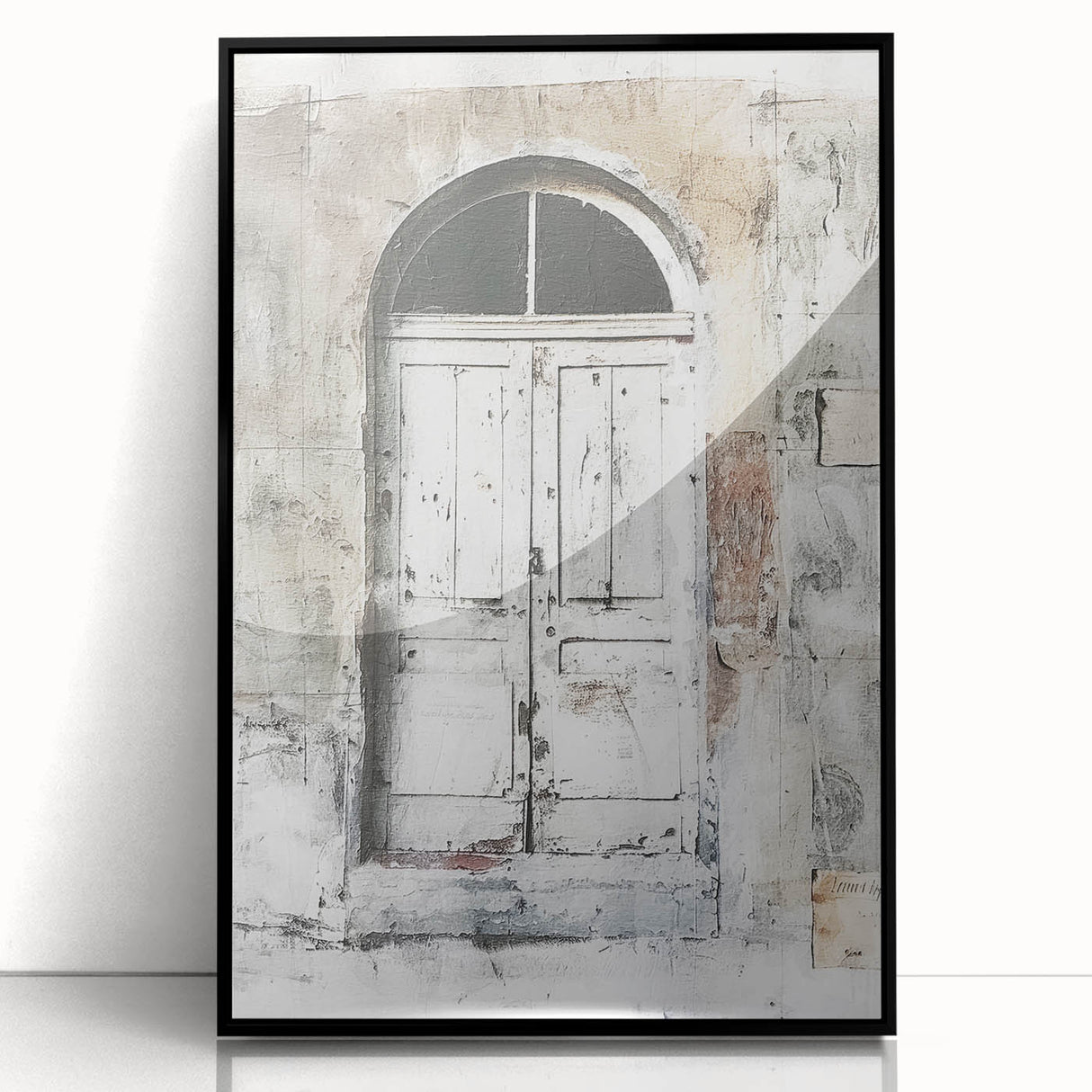 Large abstract wall art depicting a rustic Italian door in muted earth tones on framed acrylic.