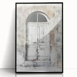Large abstract wall art depicting a rustic Italian door in muted earth tones on framed acrylic.