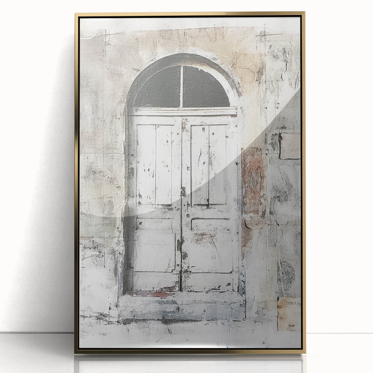 Framed acrylic print of a rustic Italian door in earthy tones, ideal for modern art wall decor.