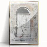 Framed acrylic print of a rustic Italian door in earthy tones, ideal for modern art wall decor.