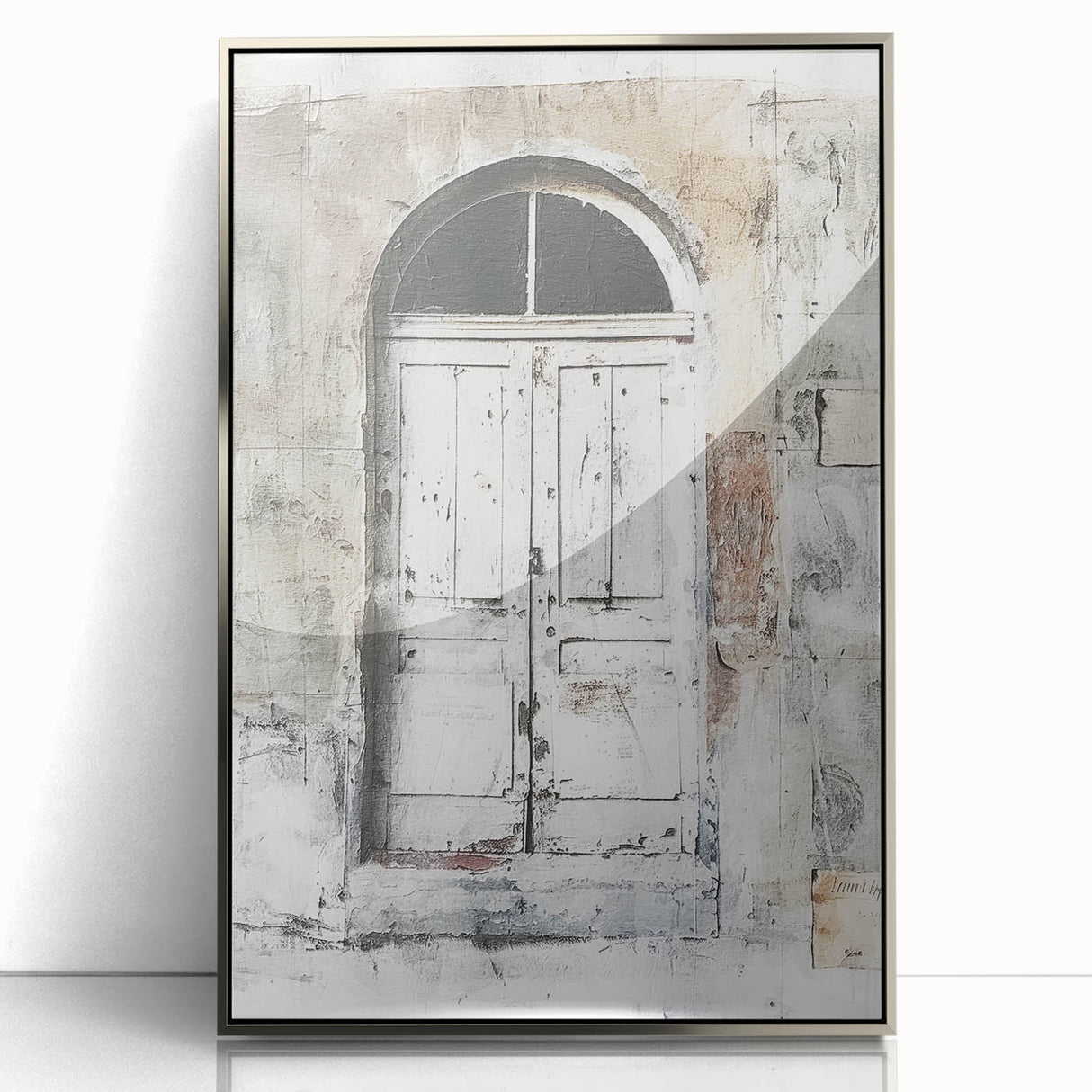 Mid-century modernist framed acrylic art depicting a rustic Italian door in muted earth tones.