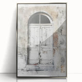 Mid-century modernist framed acrylic art depicting a rustic Italian door in muted earth tones.