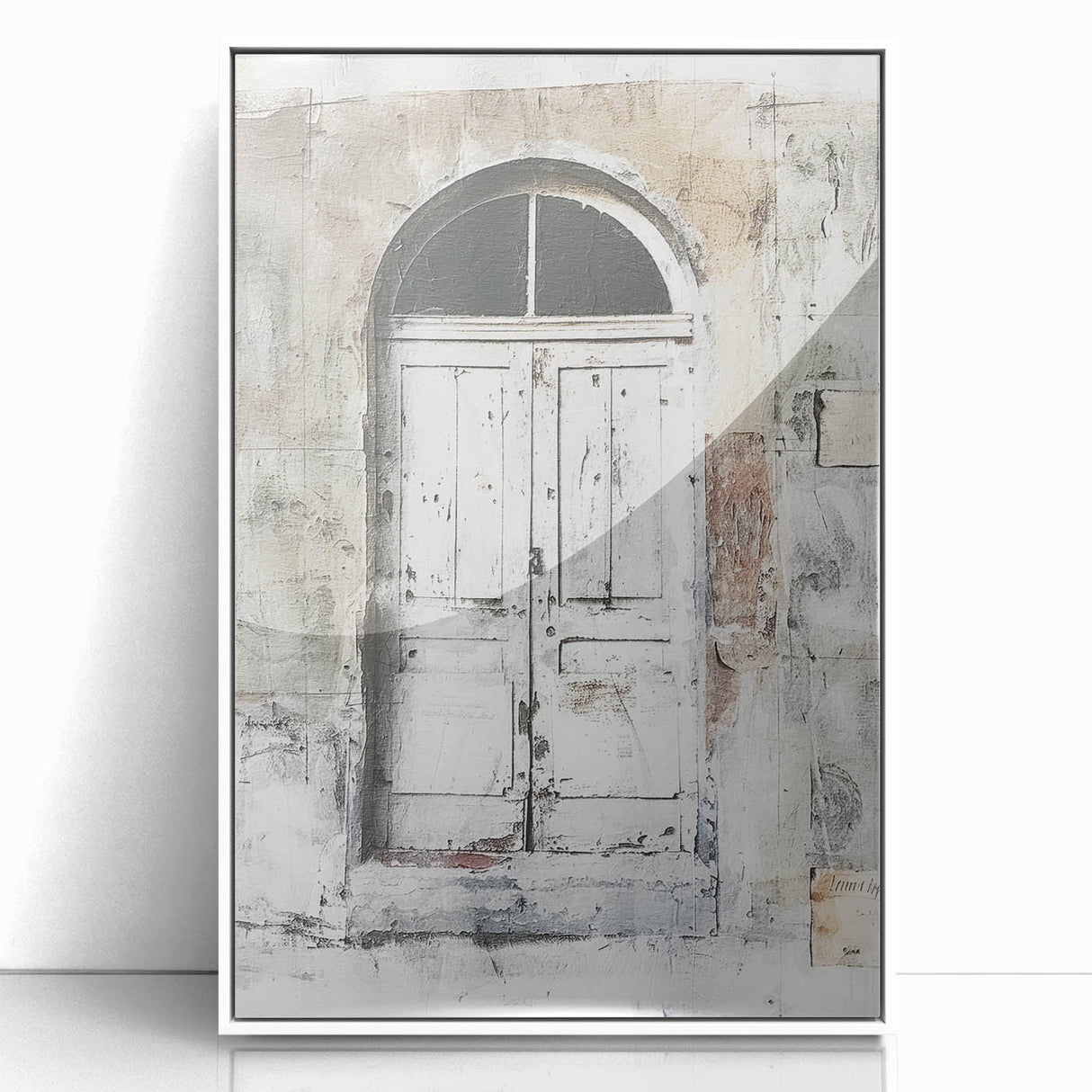 Acrylic print of a rustic Italian door in muted earth tones, framed in white, suitable for modern art wall decor.