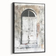 Black and white photograph of a rustic Italian door on a framed canvas, ideal for bedroom wall decor.