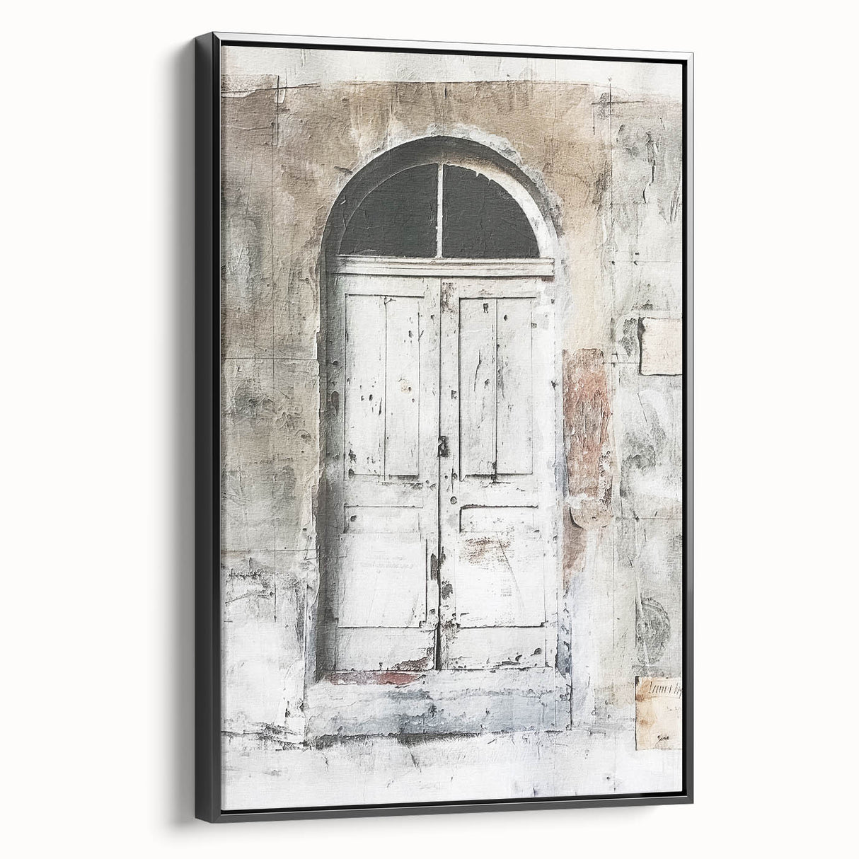 Black and white photograph of a rustic Italian door on a framed canvas, ideal for bedroom wall decor.