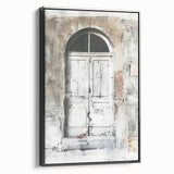 Black and white photograph of a rustic Italian door on a framed canvas, ideal for bedroom wall decor.