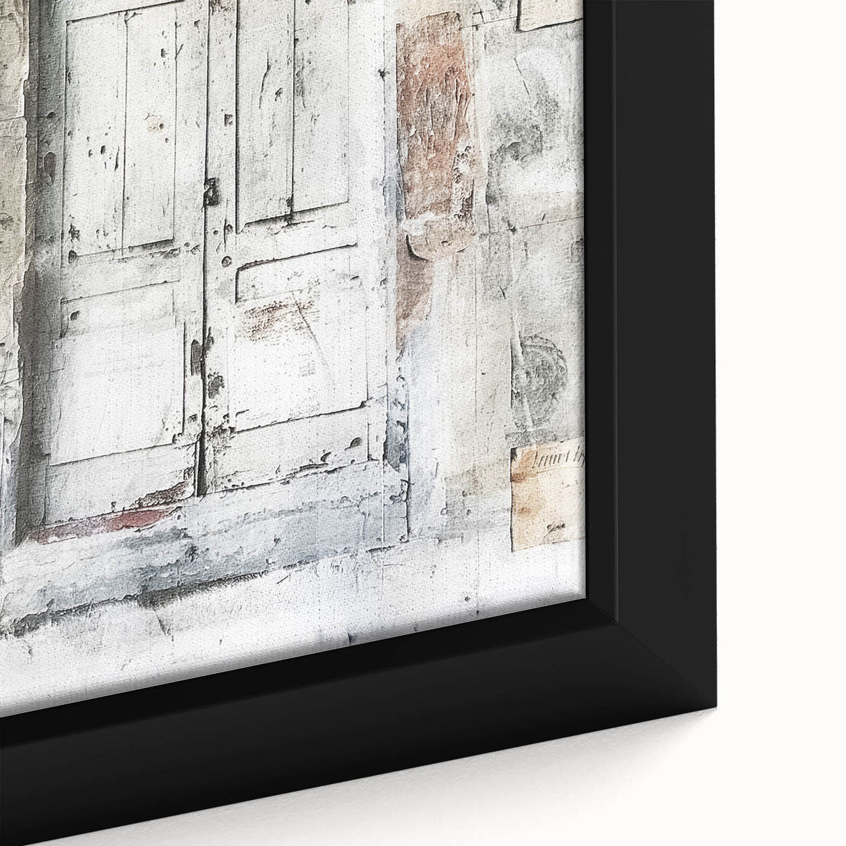 Close-up of a rustic Italian door on framed canvas, featuring textured black and colorful art.