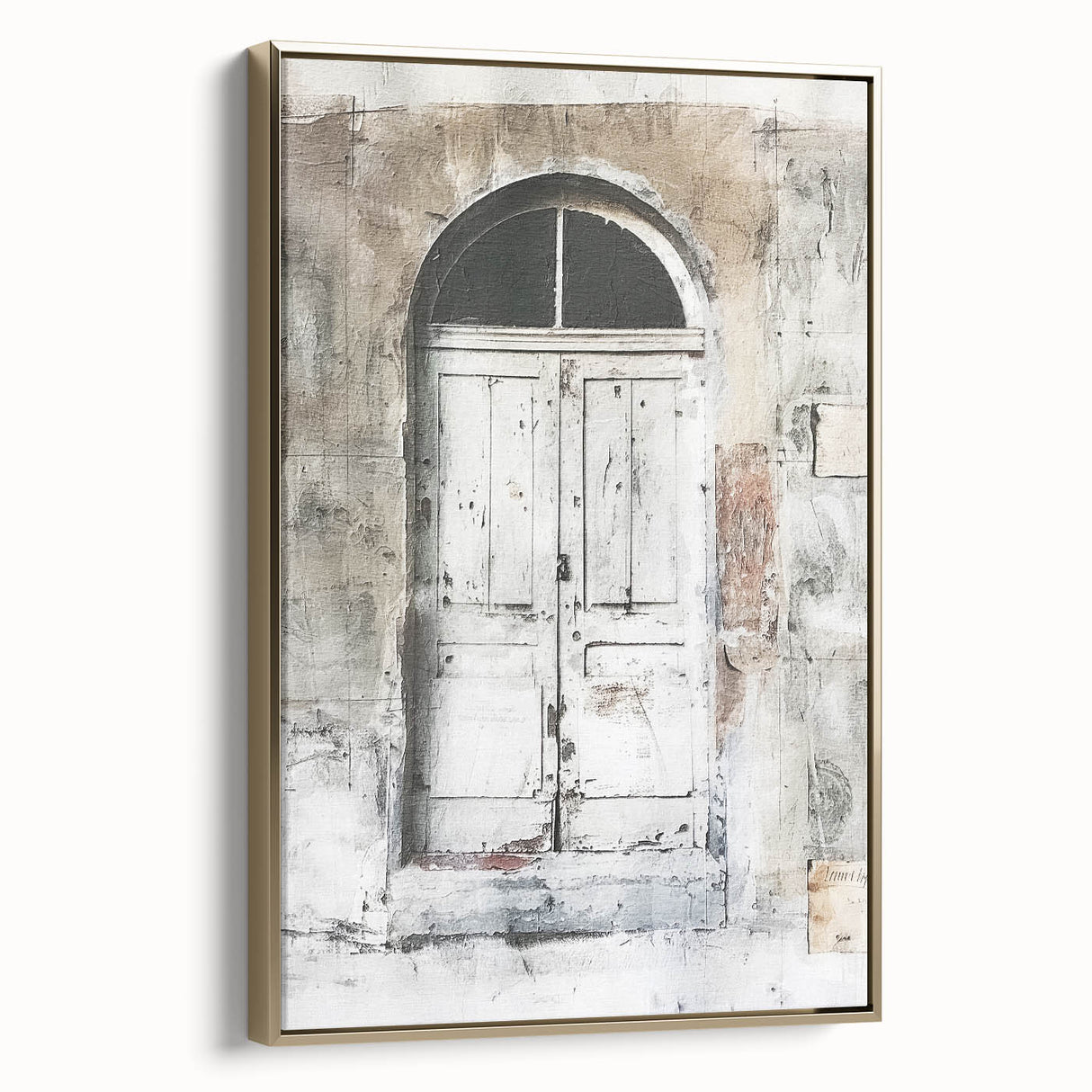 Framed canvas of a rustic Italian door in muted earth tones, ideal for bedroom wall art.