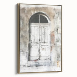 Framed canvas of a rustic Italian door in muted earth tones, ideal for bedroom wall art.