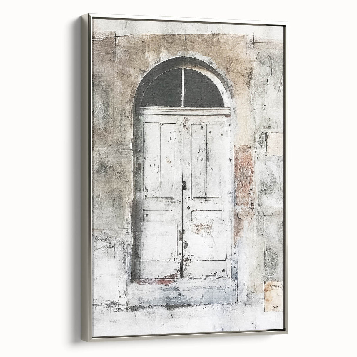 Framed canvas featuring a rustic Italian door in earthy tones, ideal for adding a vintage touch to any room.