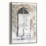 Framed canvas featuring a rustic Italian door in earthy tones, ideal for adding a vintage touch to any room.