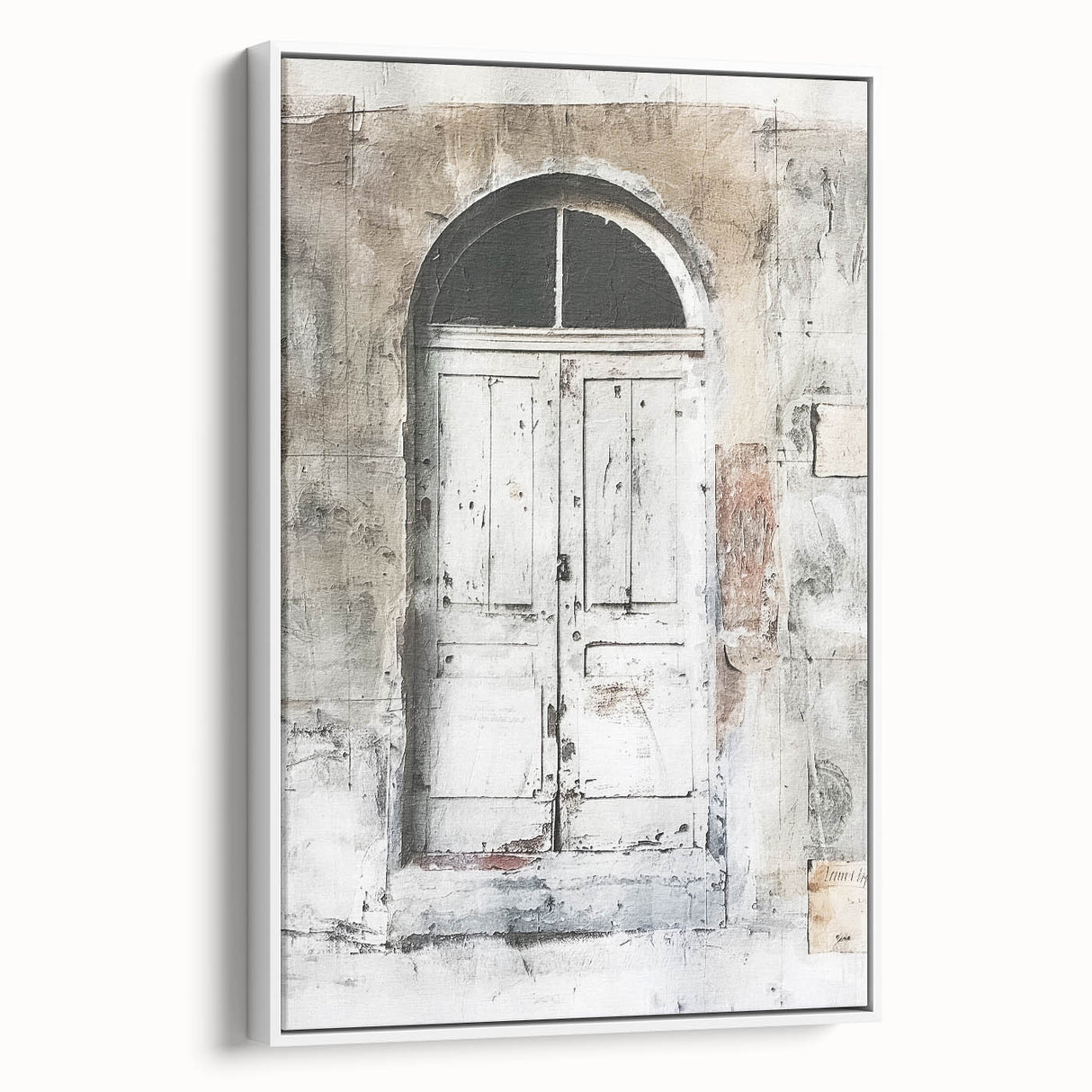 Vintage poster art of a rustic Italian door on a framed canvas, featuring muted earth tones, ideal for living room decor.