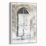 Vintage poster art of a rustic Italian door on a framed canvas, featuring muted earth tones, ideal for living room decor.