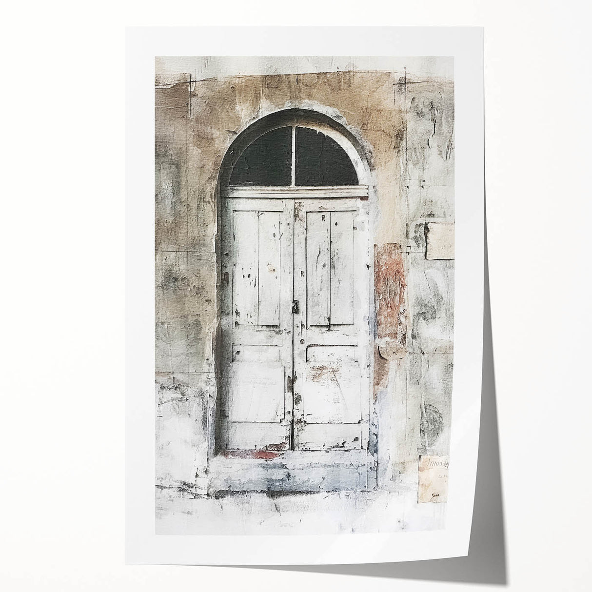 Rustic Italian door design in muted earth tones on a rolled canvas, suitable for dining room wall art.