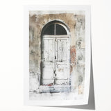 Rustic Italian door design in muted earth tones on a rolled canvas, suitable for dining room wall art.
