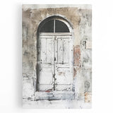 Black and white photograph of a rustic Italian door, printed on stretched canvas, ideal for kitchen wall art.