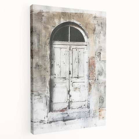 Rustic Italian door architecture on stretched canvas, featuring earthy tones, ideal for kitchen wall art.