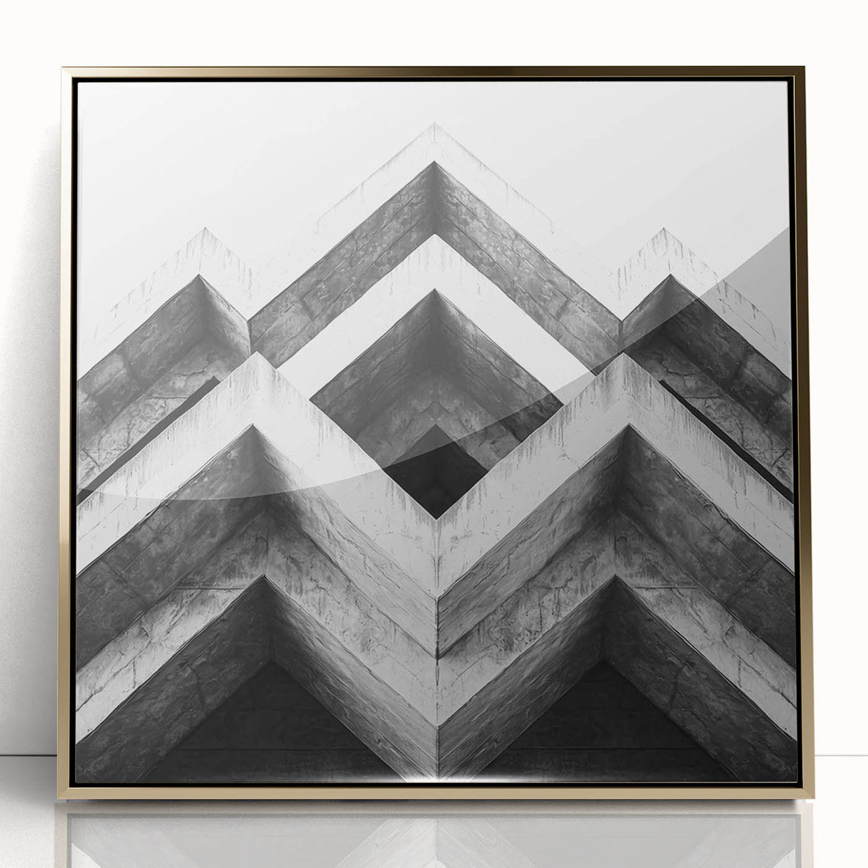 Large acrylic print of a mid-century modernist architecture in gold tones, ideal for modern art wall decor.