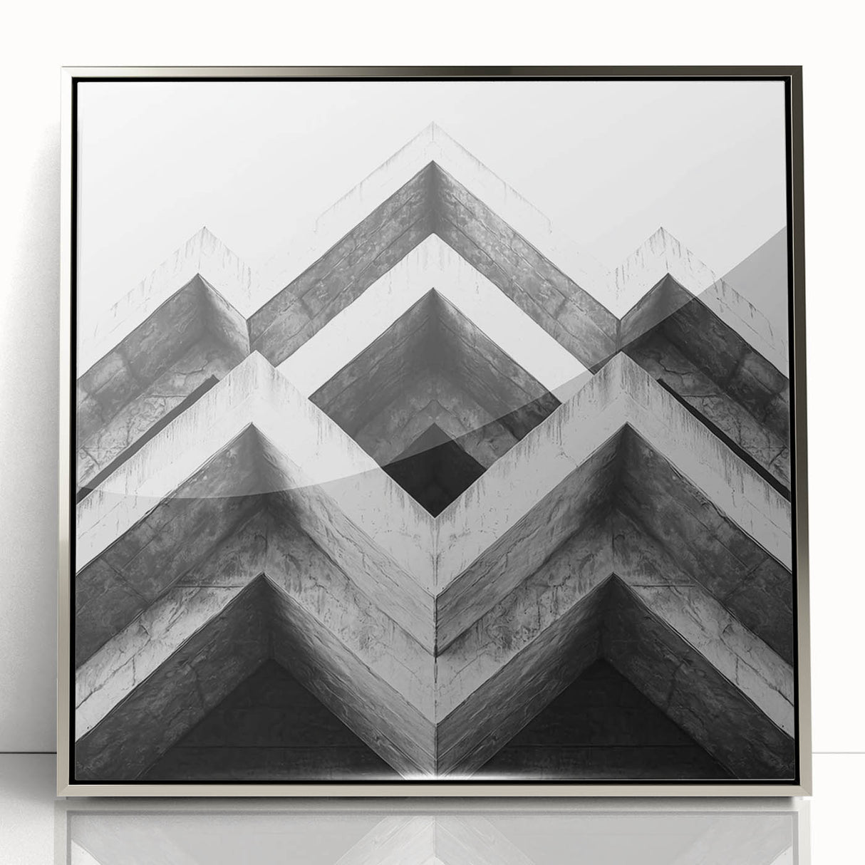 Mid-century modernist art deco poster featuring geometric shapes in silver acrylic, ideal for nursery wall art.