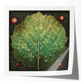 Colorful wall art print showcasing a vibrant floral and botanical design with lush green leaves, set against a glossy background. Ideal for home decor.