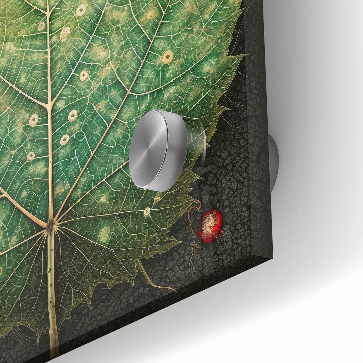 Close-up of vibrant acrylic wall art showcasing intricate floral and botanical designs, featuring lush green leaves and colorful flowers on a glass surface, ideal for home decor.