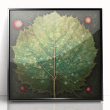 Framed wall art featuring a vibrant floral and botanical design with intricate leaves, set in a sleek black frame, ideal for modern home decor.