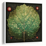 Framed canvas wall art showcasing a vibrant floral and botanical design with green leaves on a white background, displayed in a stylish side view. Perfect for home decor.