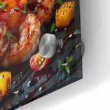 Large abstract wall art featuring assorted food dishes in vibrant colors on acrylic glass, ideal for dining room decor.