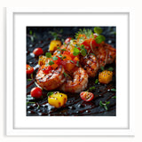 Abstract art print of assorted food dishes in muted earth tones on a white framed mat, suitable for dining room decor.