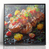 Large abstract wall art featuring assorted food dishes in bold colors on a framed acrylic, suitable for dining room decor.