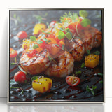 Mid-century modernist art featuring a variety of colorful food dishes on a silver-framed acrylic print.