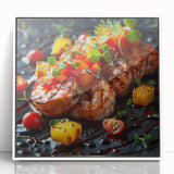 Acrylic print of various food dishes in art deco style with monochrome colors, ideal for modern kitchen wall decor.