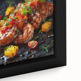 Close-up of a framed canvas featuring black wall art with colorful, textured depictions of various food dishes.
