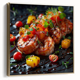 Framed canvas featuring vintage poster art of food dishes in silver and gold tones, ideal for bedroom wall decor.