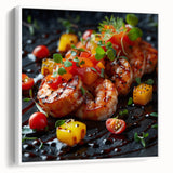 Vintage poster art of colorful food dishes on a white framed canvas, ideal for extra large living room wall decor.