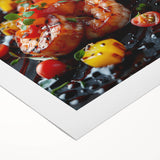 Art deco poster featuring an array of colorful food dishes on rolled canvas, suitable for dining room decor.