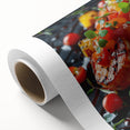 Art deco poster of various colorful food dishes on a rolled canvas, suitable as nursery wall art or dining room decor.