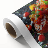 Art deco poster of various colorful food dishes on a rolled canvas, suitable as nursery wall art or dining room decor.