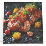 Black and white stretched canvas featuring an array of illustrated food dishes, ideal for kitchen wall art.